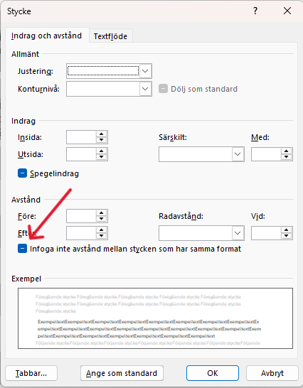 Styckeinställningar i Word för att justera rad‑ och styckeavstånd i etiketter
